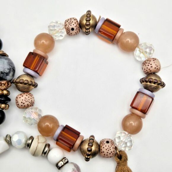 Three Mixed Media Stretch Bracelets‎ Black and Neutral Colors One with a Tassel - Picture 4 of 6